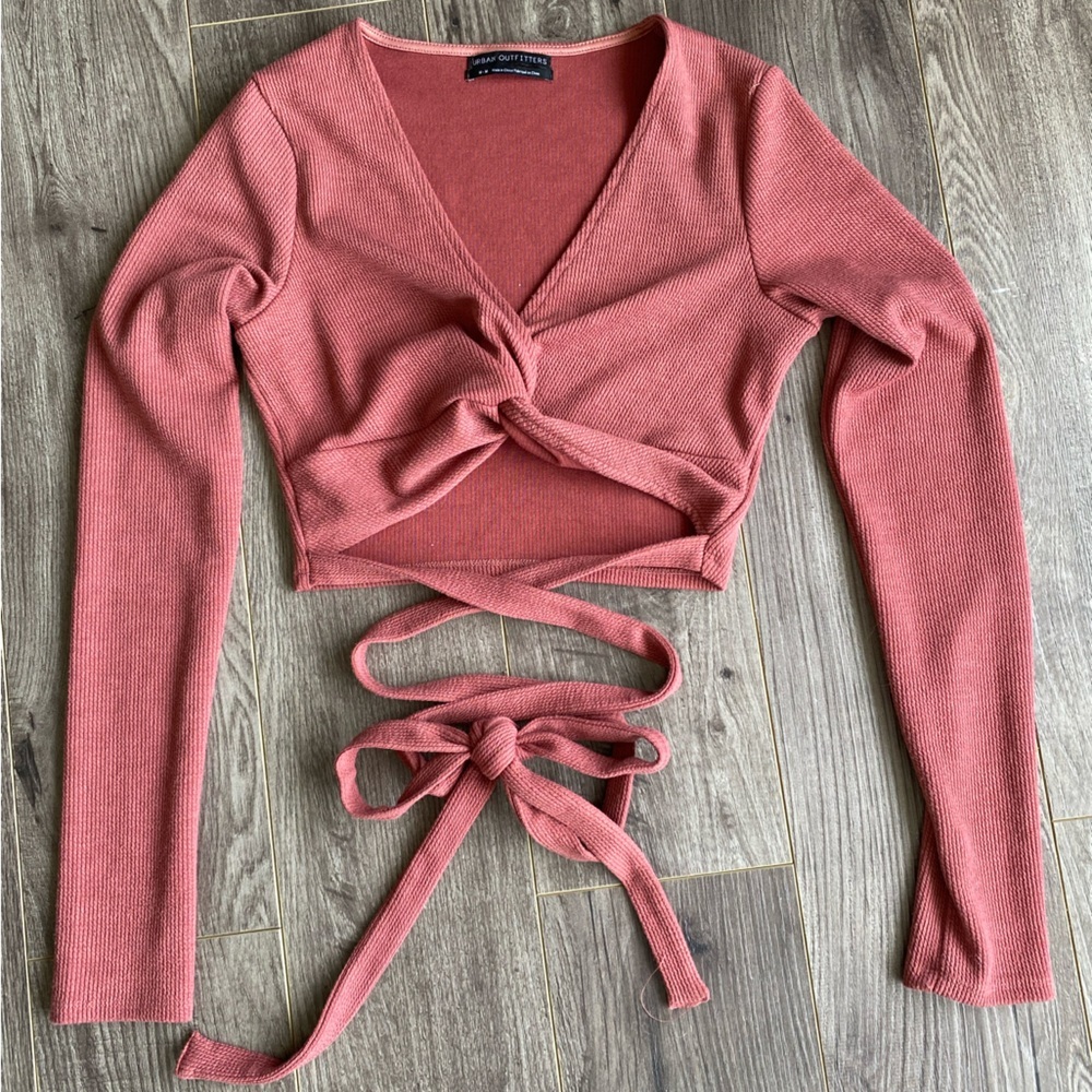 Urban Outfitters pink rose long sleeve knit crop top w/ wrap around ties fits sm